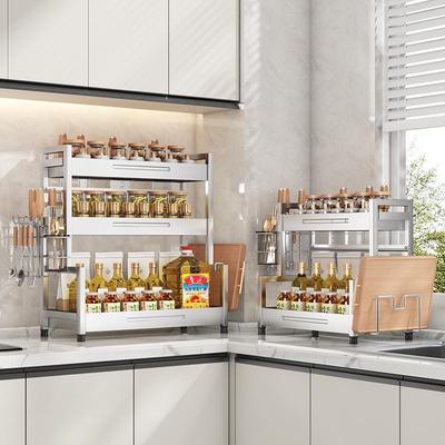 Stainless Steel Multi-layer Kitchen Spice & Oil Rack - No-Drill Countertop Storage for Bottles, Jars, and Utensils