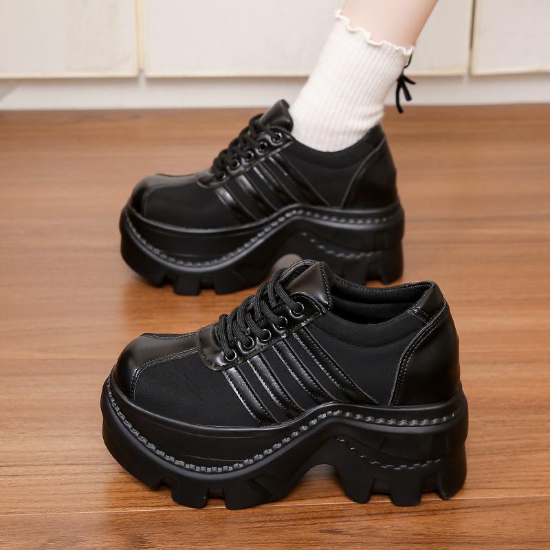 Big Head Platform Shoes Black Striped Punk Heightening Muffin Shoes Lace-up Casual Shoes Super Fire Soft Shoes Women