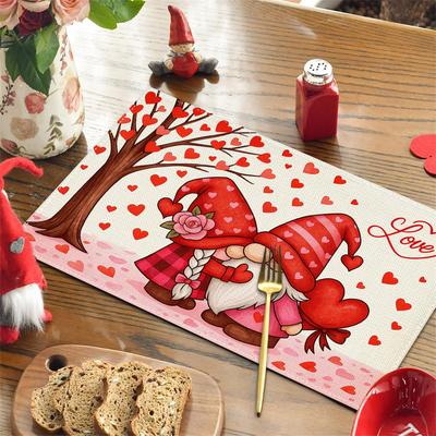 4pcs Valentine's Day Placemats - Love Gnome & Red Heart Tree Design, Red Rose Table 12x18 Inch Suitable for Dining Table, Kitchen, Holiday Party Decor