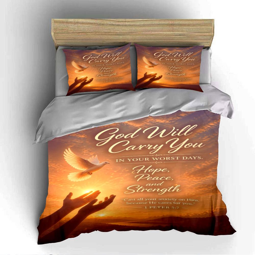 "God Will Carry You Spiritual Bedding Set" Bedding Set (1 Duvet Cover, 2 Pillowcases, Duvet Not Included)