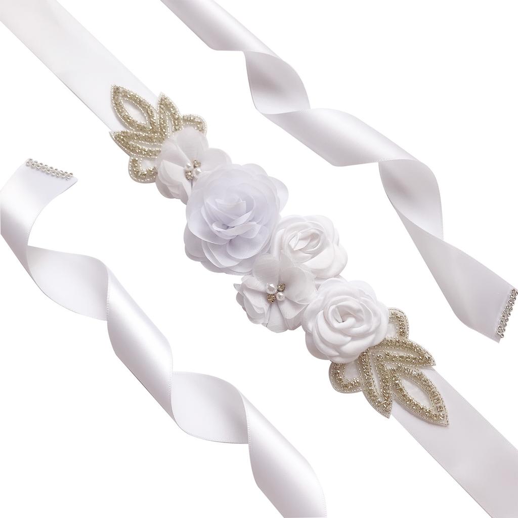 Elegant Rose Flowers Shape Pearl Beads Waist Belt for Bridesmaid Bride Dress