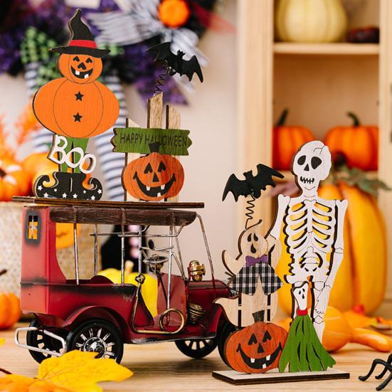 Halloween Wooden Table Sign, Spooky Skeleton Pumpkin Bat Ghost Centerpiece Sign for Home, Shelf, Desk, Mantel, Tabletop, Tiered Tray, Party Decor