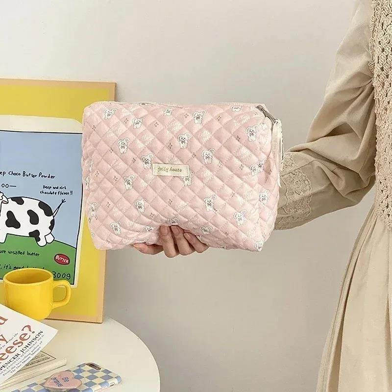 Hot Sale Practical Soft Cotton Women Zipper Cosmetic Organizer Cute Makeup Bag Large Make Up Purse Portable Handbag