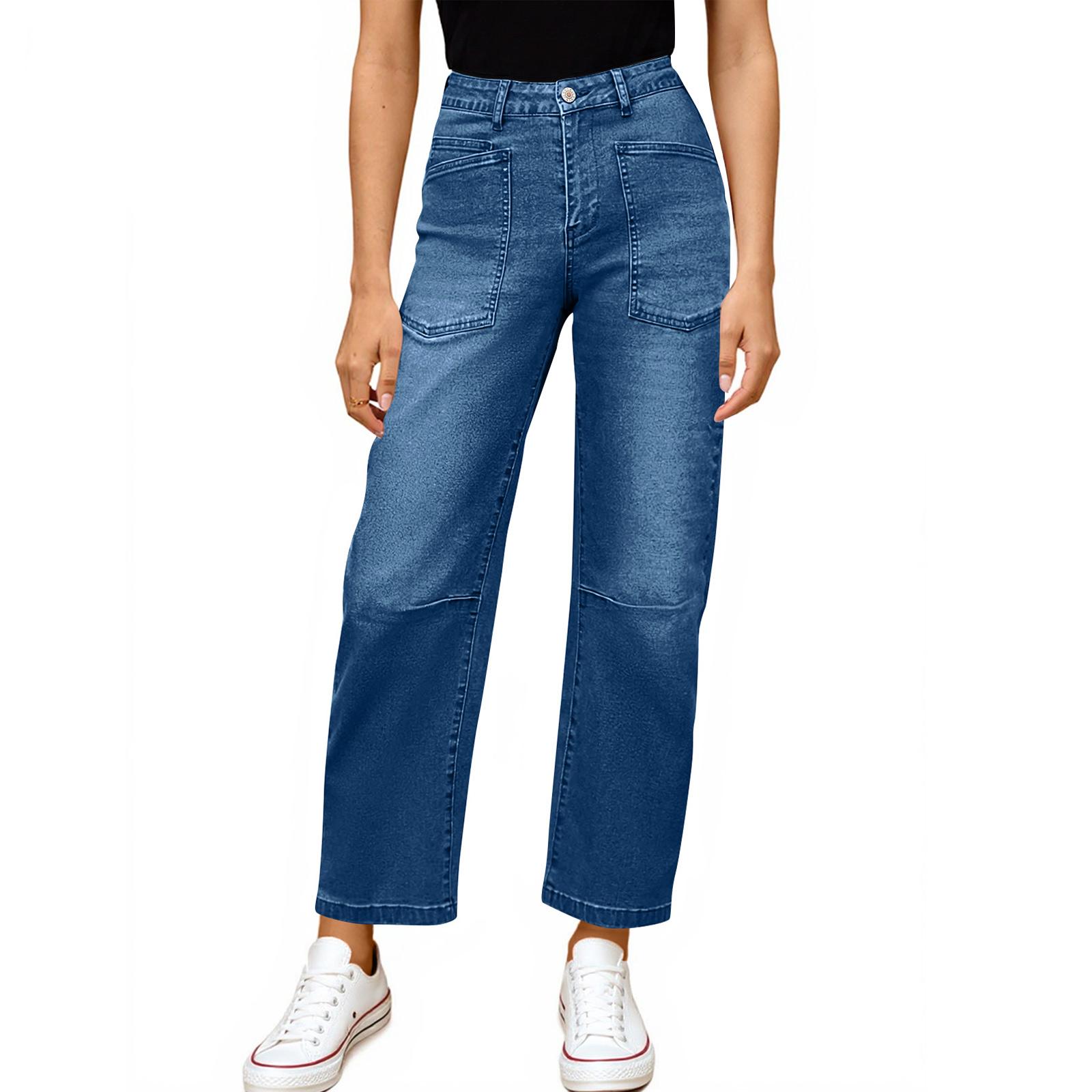 Women s Vintage Deconstructed Utility Pocket High Waist Washed Denim Jeans Non-Stretch Straight Leg Casual Pants L