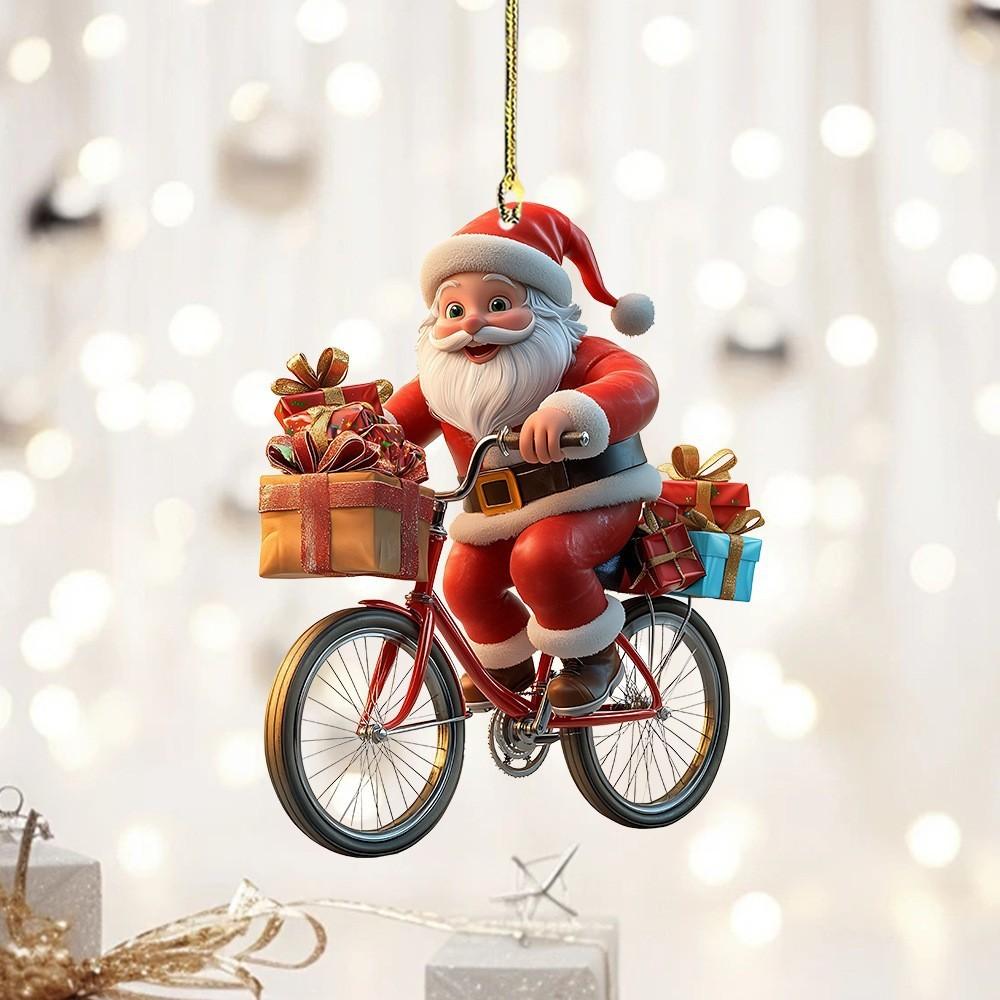 Santa Claus Rides Bike Decor Acrylic Pendant For Christmas Enhancement Interior