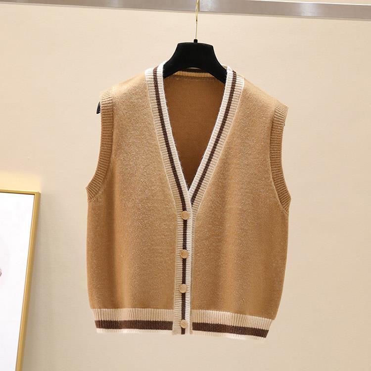 Colección Primavera y Otoño Cárdigan de Punto sin Mangas con Bloques de Color para Mujer Chaleco Tank Top Versátil