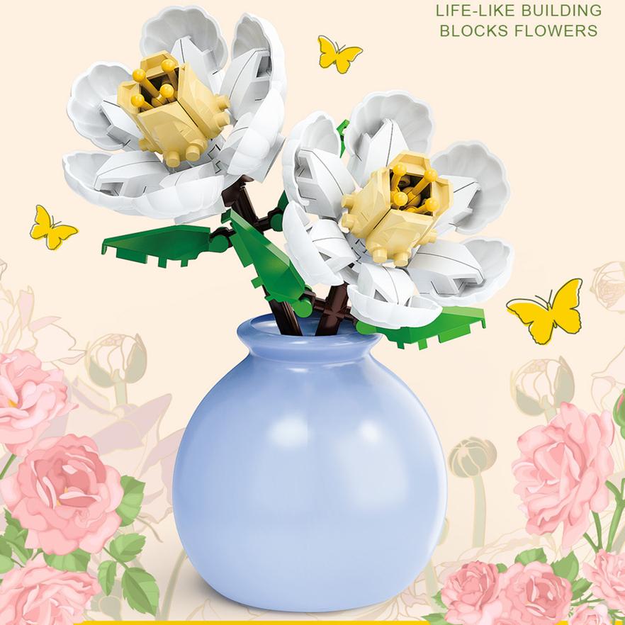 DIY MOC Flowers Bouquet Rose Sunflower Succulents Bonsai Vase Gardens Romantic Building Blocks Model Bricks Kids Sets Kits Toys