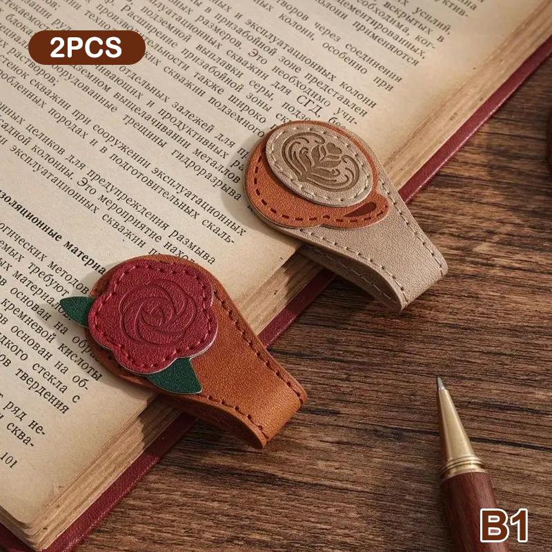 1/2 Stück Vintage Rose Kaffee Doppelseitige Magnetische Lesezeichen-Clips Für Männer Frauen Retro PU-Leder Magnetische Lesezeichen Lesezeichen