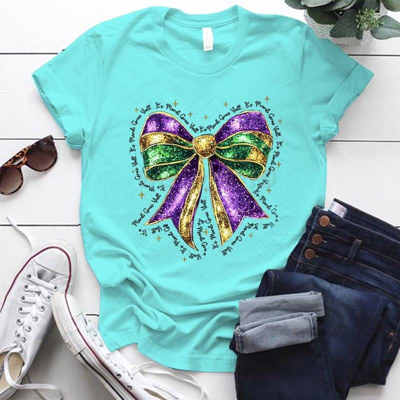 Coquette Bow Mardi Gras Shirt for Women Carnival Glitter Bow Graphic Tee Fat Tuesday Shirt Mardi Gras Party Crew Neck Clothing