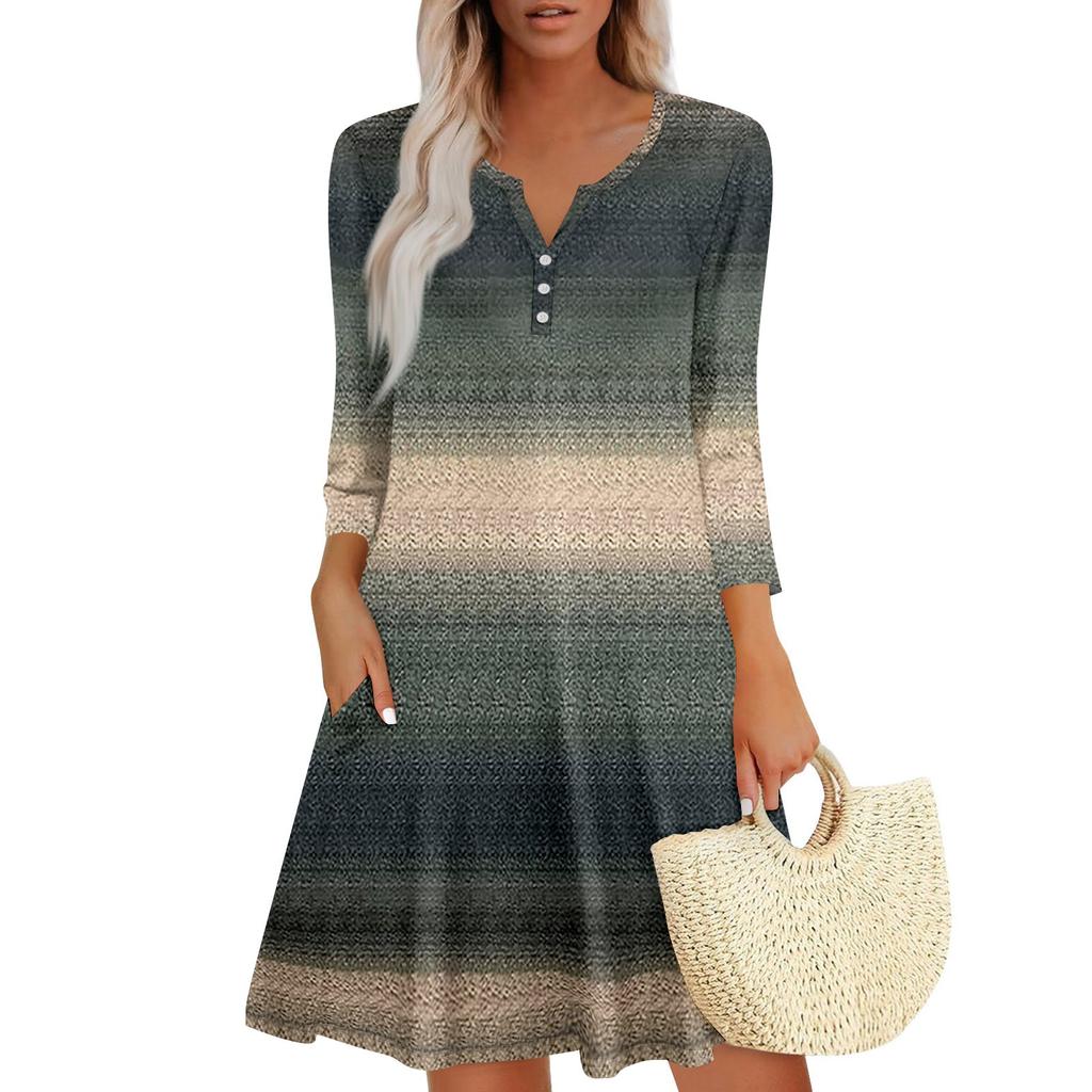 Women's Summer Dress Loose V Neck Three-quarter Sleeve Sundress With Pockets Dress