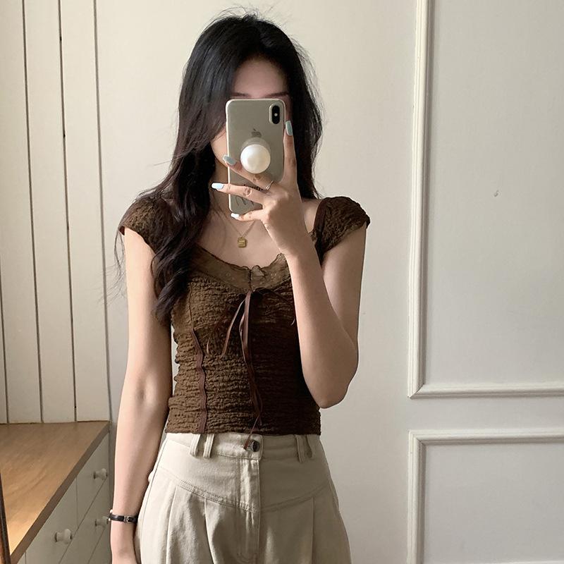 

Summer American Vintage Brown Textured Lace Top Spice Girl Low Neck Bow Splicing Short Sleeve T-Shirt XXL темно-коричневого кольору