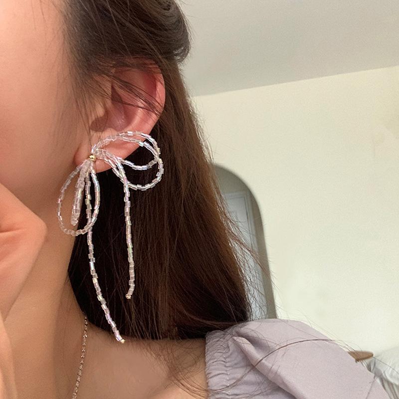 Super Fairy Transparent Crystal Bow Fringed Stud Earrings Female Niche Personality Simple Versatile Temperament Fashion Earrings