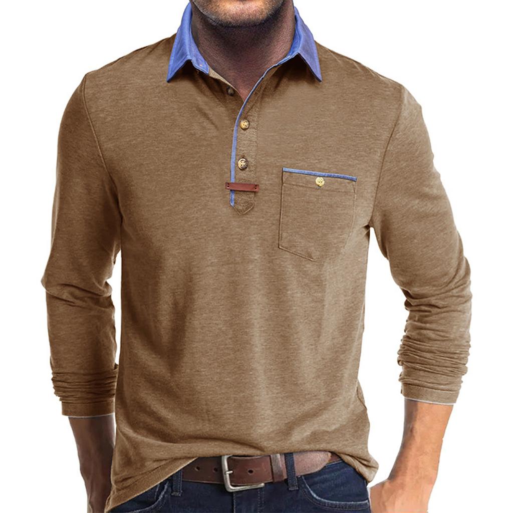 Herren Frühlings- und Farb-T-Shirt mit Kragen 3 Knöpfe Offene Knopfleiste Knöpfe Langärmliges Oberteil