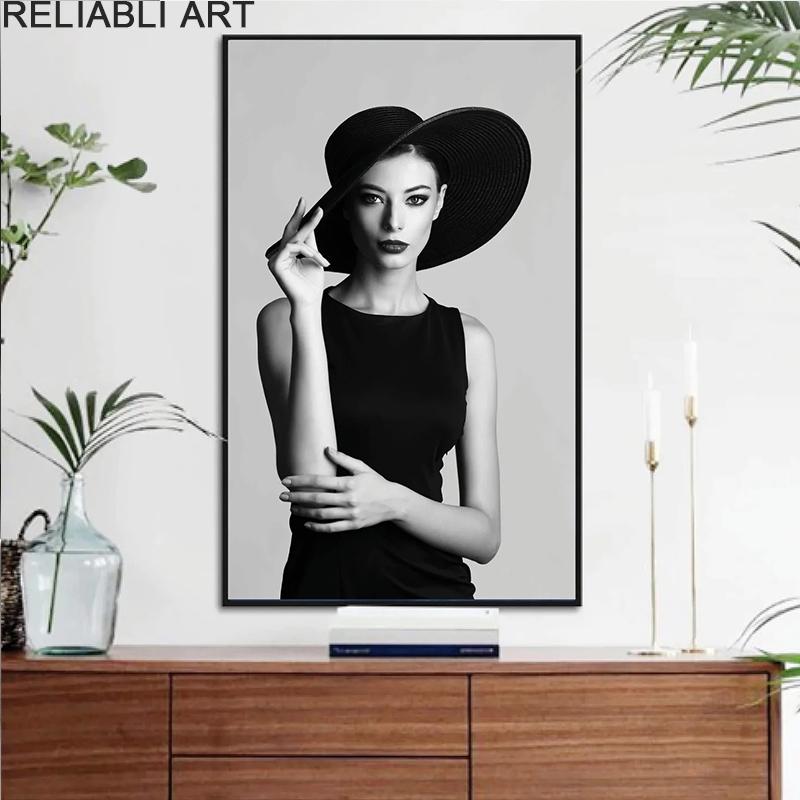 Modern Abstract Portrait Posters and Prints Sexy Women with Hat Canvas Painting Wall Art for Living Room Decor No Framee