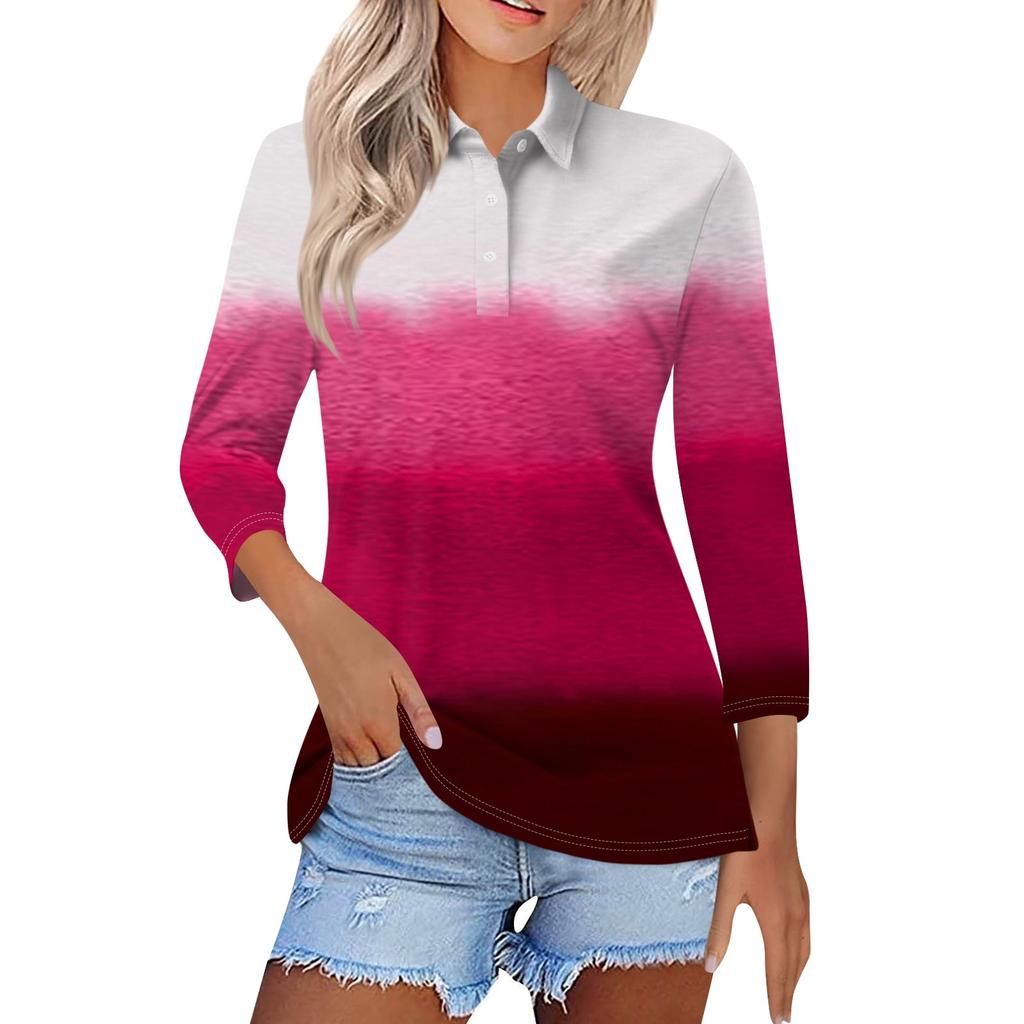 Women's Fashion Casual Lapel Short 3/4 Sleeve Printed Shirt Women's Button Up Tops