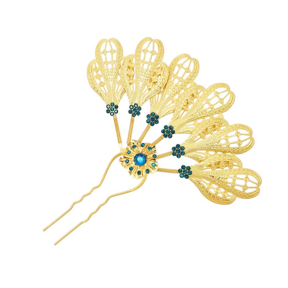 Metal Thai Style Leaf Hair Stick Crystal Ethnic Headdress Jewelry Traditional Gold A