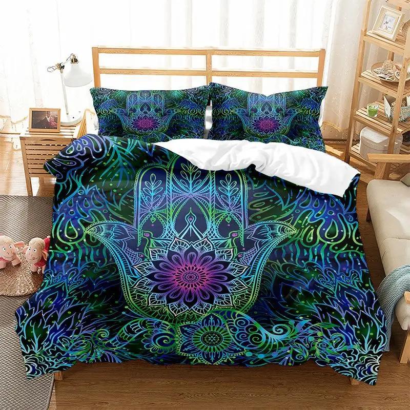 Hamsa Hand Bedding Sets Boho Hamsa Eyes Comforter Cover Exotic Bohemian Duvet Cover Set for Kids Boys Girls Trippy Art Bedspread