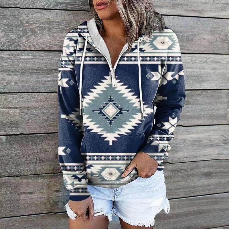 European American Autumn Winter Women New Style Ethnic Tribal Hooded Fleece Sweatshirt Printed Half Zip Jacket Top
