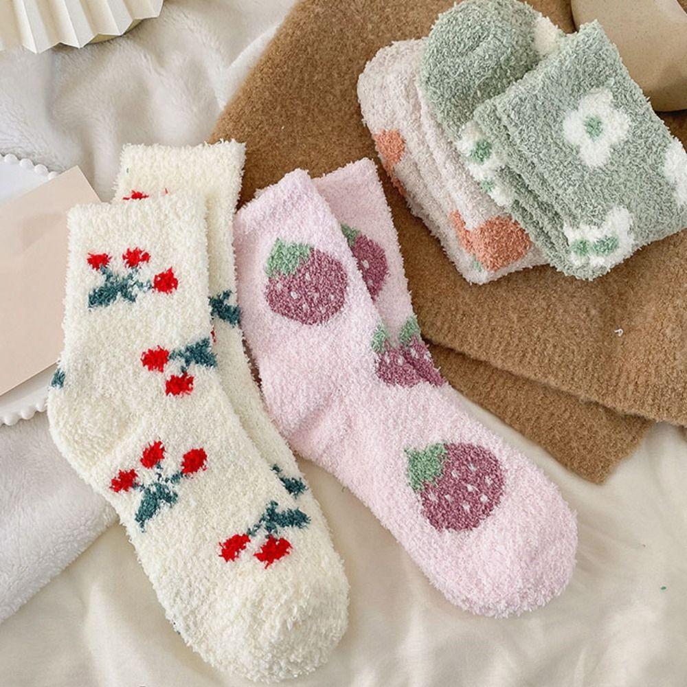 Thickened Floor Plush Socks Flower Strawberry Warm Socks Women Sweet Coral Fleece Socks  For Girls