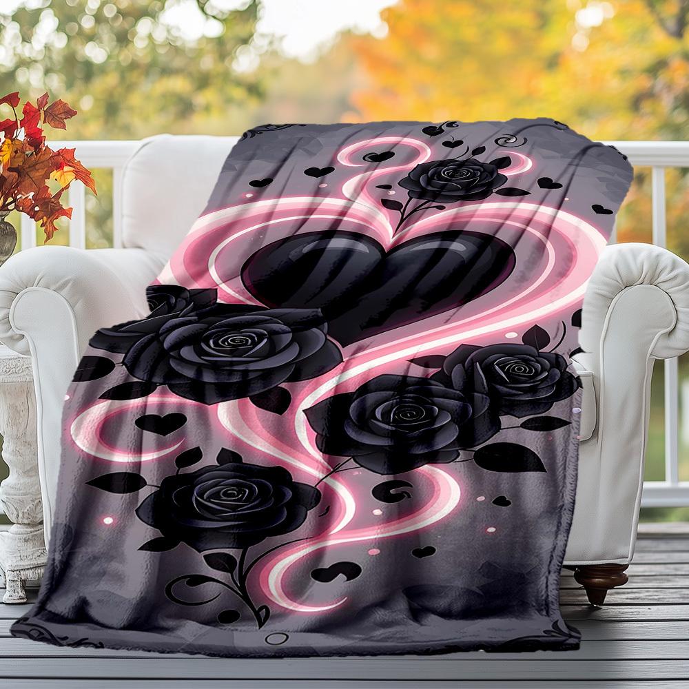 1pc Heart Roses Outdoor Flannel Blanket Soft Warm All-Season Throw for Sofa Bed Car Camping Office, Cozy Gift Idea1275S