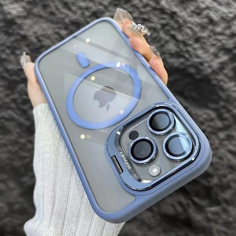 KEYSION Magnetic Transparent Phone Case for MagSafe for iPhone 11 12 13 14 Pro Max Lens Protector Metal Stand Shockproof Cover