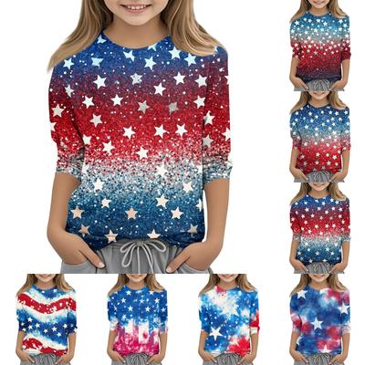 Moda Infantil Estampada Gola Redonda Manga Três Quartos Blusa Casual