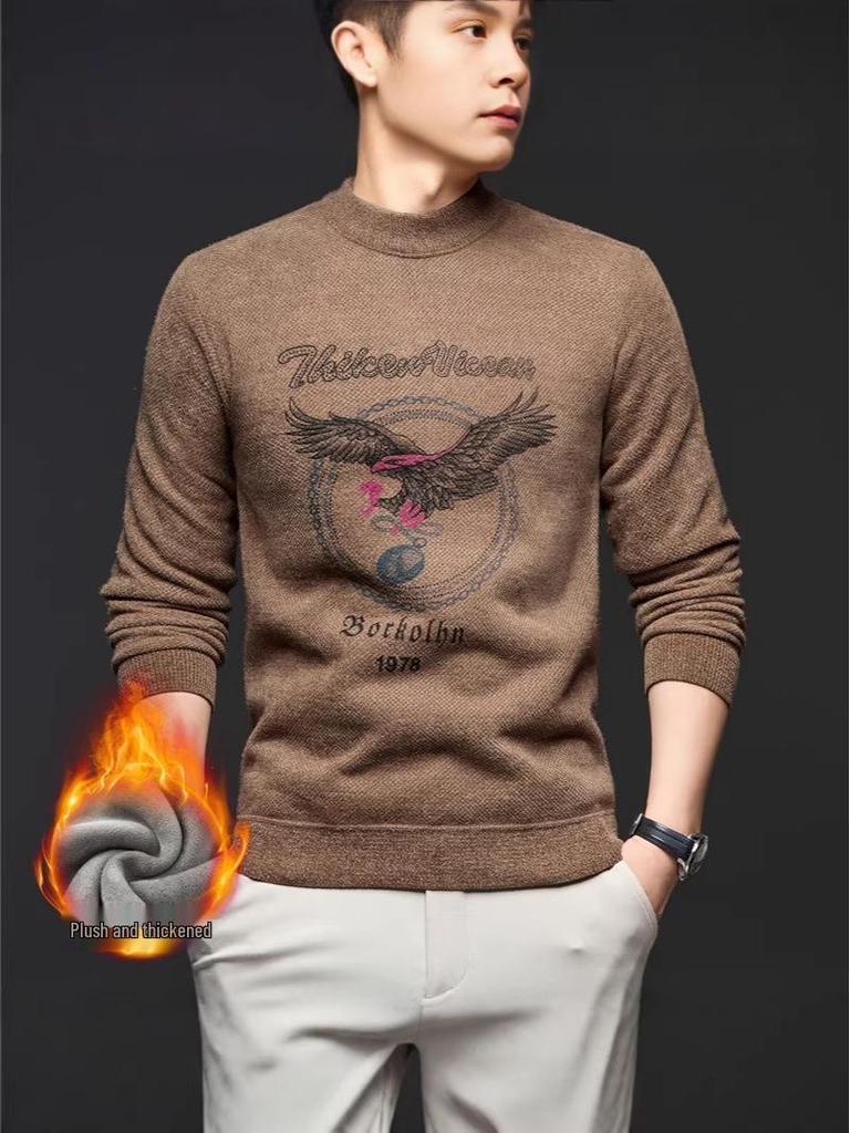 Men's Cross-border Casual Printed Long Sleeve Sweater - Warm, Simple, Versatile, Round Neck.