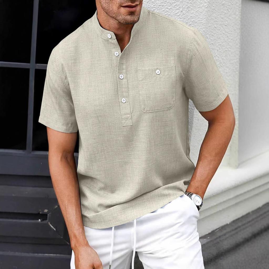 Men Stand Collar Short Sleeve Loose Solid Color Casual Henley Shirt