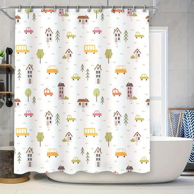 Decorative Shower Curtain with Cartoon Print Cute Cars and Houses Pattern for Bathrooms White Fabric Waterproof
