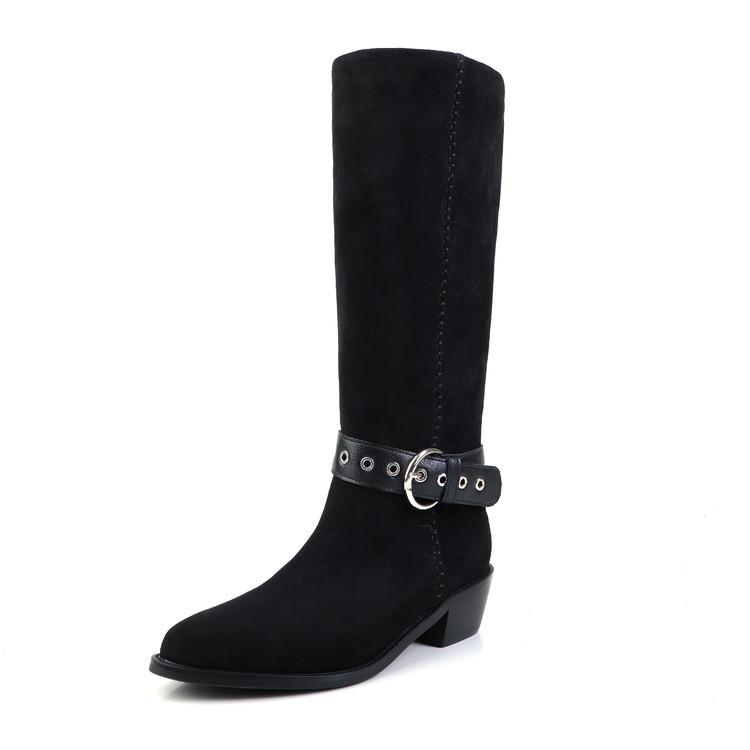 Stiefel mit grobem Absatz im Western-Stil für Damen, Herbst 2025, neu, vielseitig, mit Gürtelschnalle, grober Absatz, runde Spitze, modische Stiefel