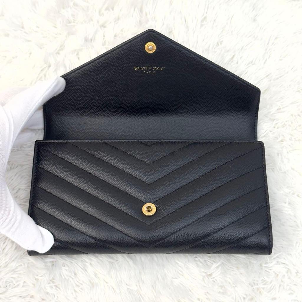 Used SAINT LAURENT Saint Laurent Large Flap Long Wallet Cassandra Black Black V Stitch