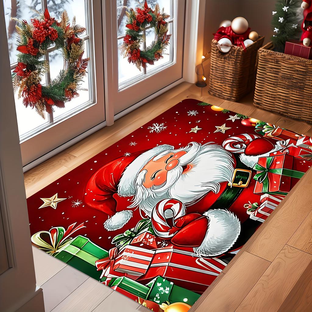 VIKAMA Santa Claus Christmas Doormat Xmas Gift Snowflake Print Non‑Slip Floor Mat for Front Door Entrance Holiday Home Decor