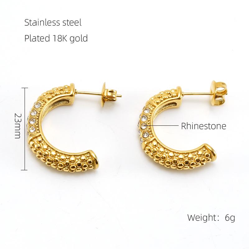 18K Geometric Retro Style Stud Earrings with Stainless Steel Diamond-Set Design for Women