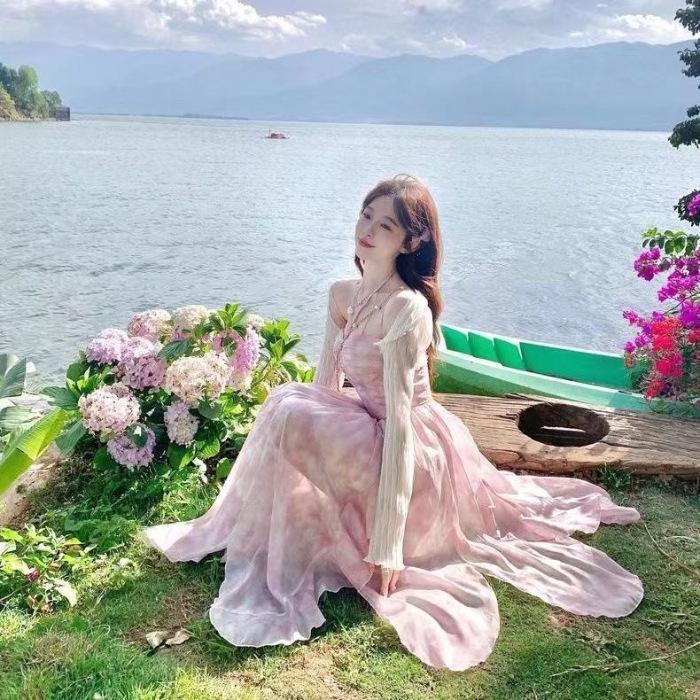 

Французское цветочное платье на бретельках-спагетти с неровным подолом для пляжа - Летний сказочный стиль, одежда для отпуска S