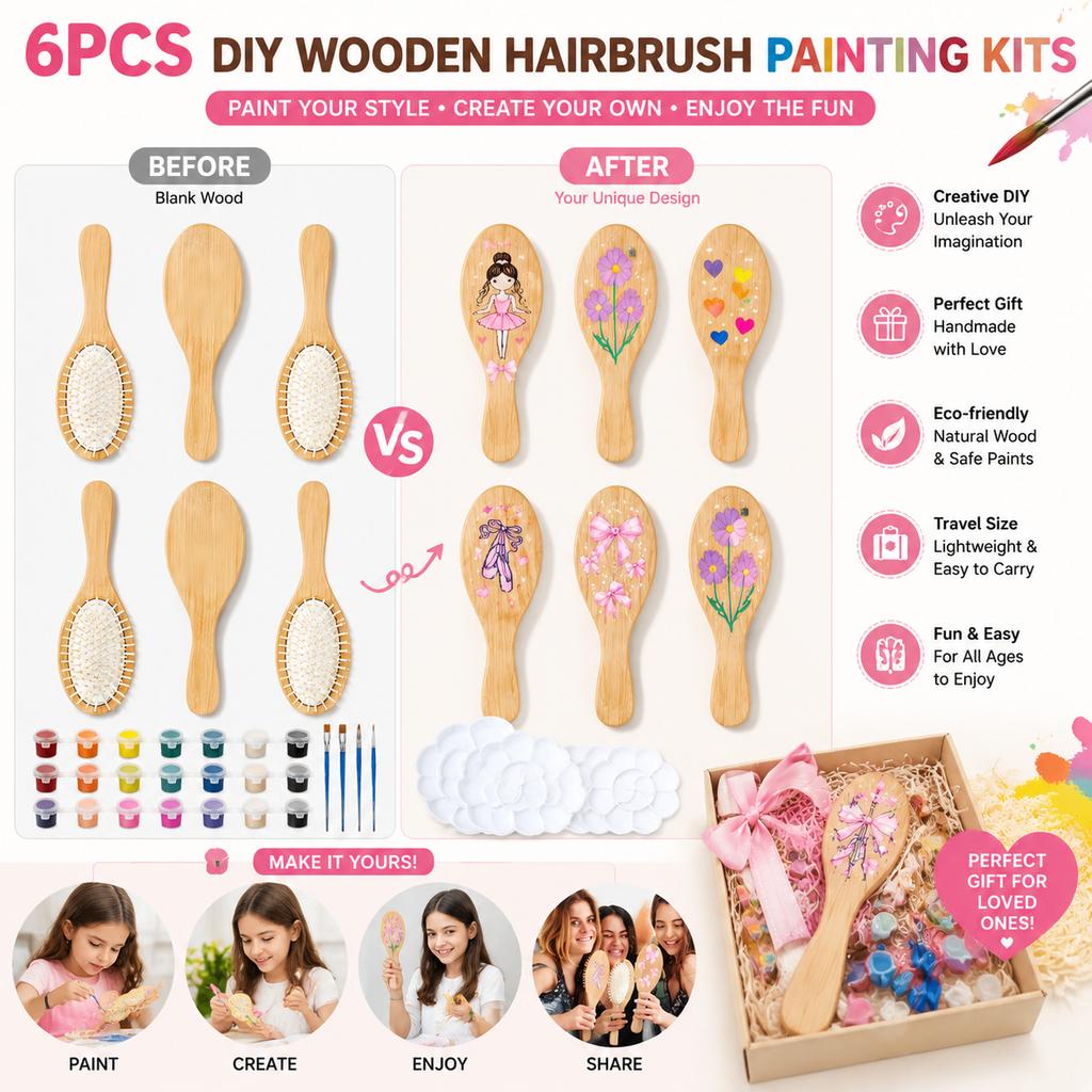 6PCS DIY Wooden Hairbrush Painting Kit Multicolor Pens Make Your Own Brush Travel Portable Creative Handmade Personalized Gift