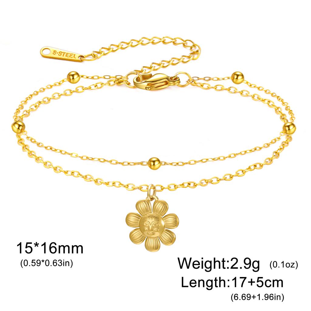 Teamer Bohemian Flower Charm Bracelet Stainless Steel Adjustable Double Layer Beads Chain For Women Fashion Sweet Jewelry Gift