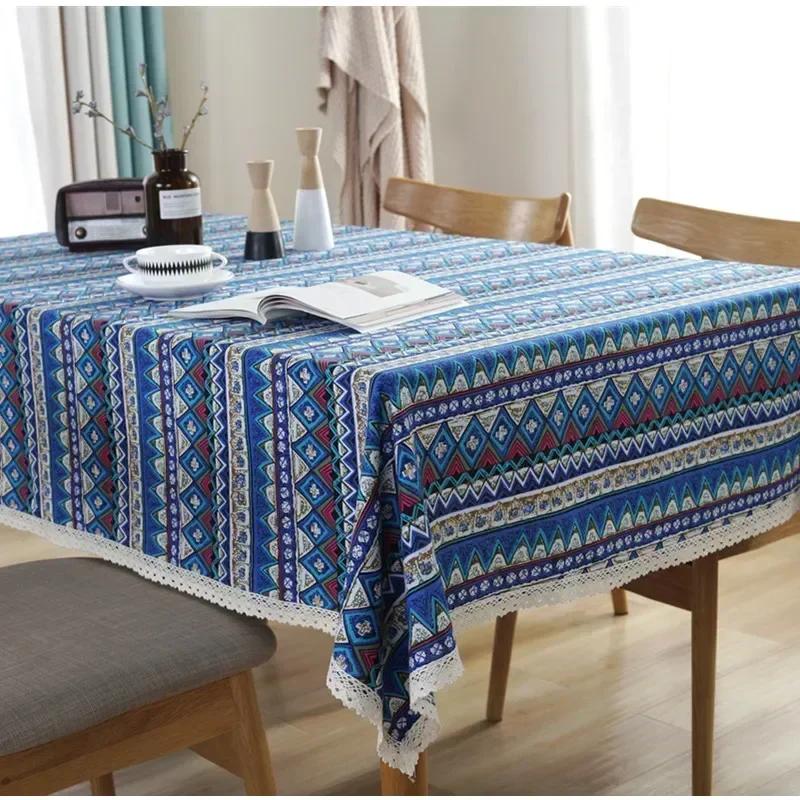 Cotton Linen Striped Desk Cover Hotel Dining Table Cloth Dust Cover Cloth Household Dustproof Decorative Ethnic Tablecloth