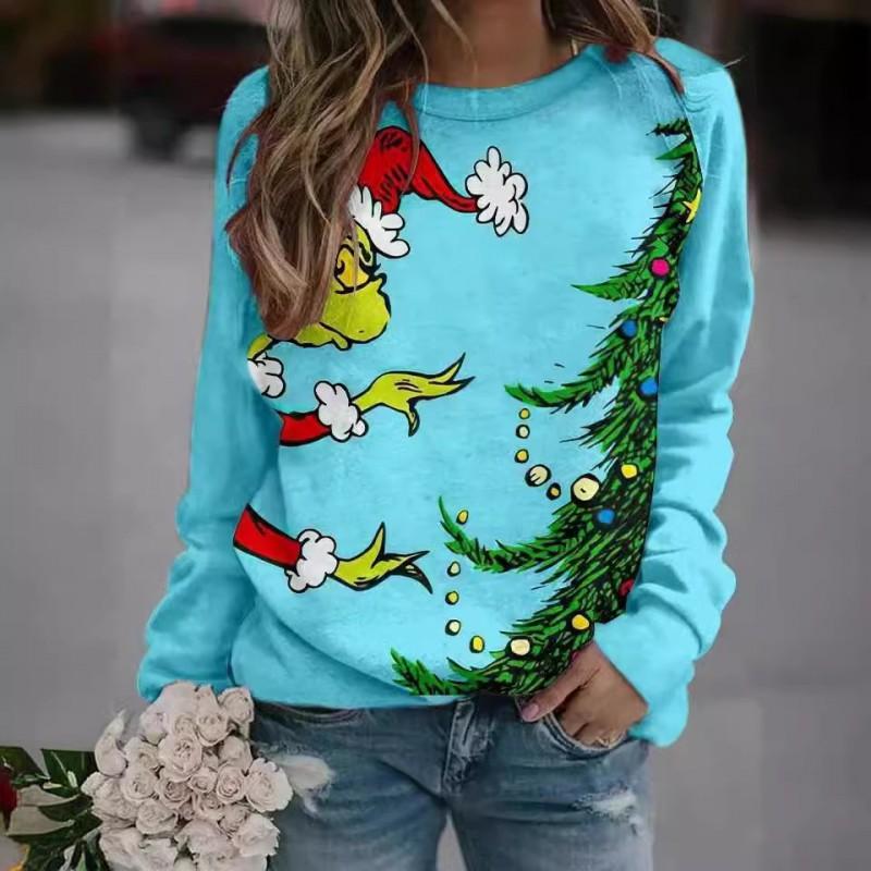 Grinch Green Christmas 3D Print Womens Long Sleeve Crew Neck T Shirt Streetwear