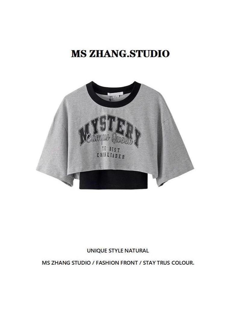 American Retro Letter Print Two-Piece Set: Short Sleeve T-shirt & Hot Girl Jazz Top for Women