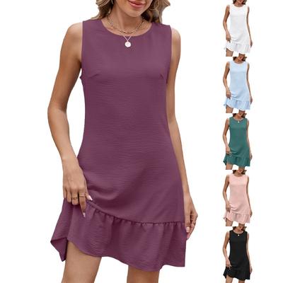 Vestido Regata Feminino de Verão Cor Sólida Gola Careca Costas com Amarração Sem Mangas