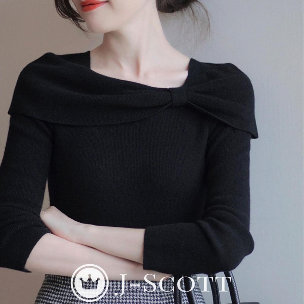 Boat Neck Knit Ribbon Slim Spring 10 Looks Regular Contoured Easy Korean Style Stylish Looks Black [J-Scott] Tops, Motif, Thin, Soft, Fit, 10/4