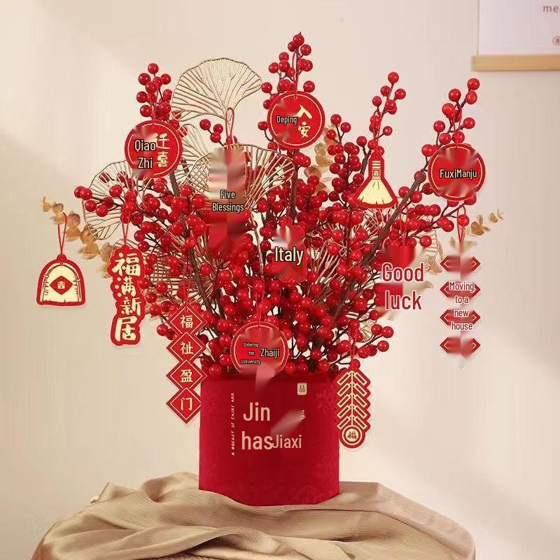 

Korean Style New Year Housewarming Ornament: Plush Flower Fortune Bucket for Living Room
