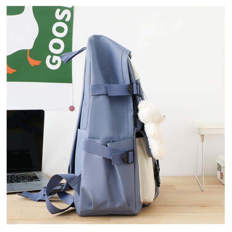 Zaino per la scuola media con ciondolo a forma di orso Zaino per il campus ad alta capacità Colore a contrasto Uomo Donna Zaino da 5 pezzi Borsa a tracolla Borsa a tracolla Astuccio