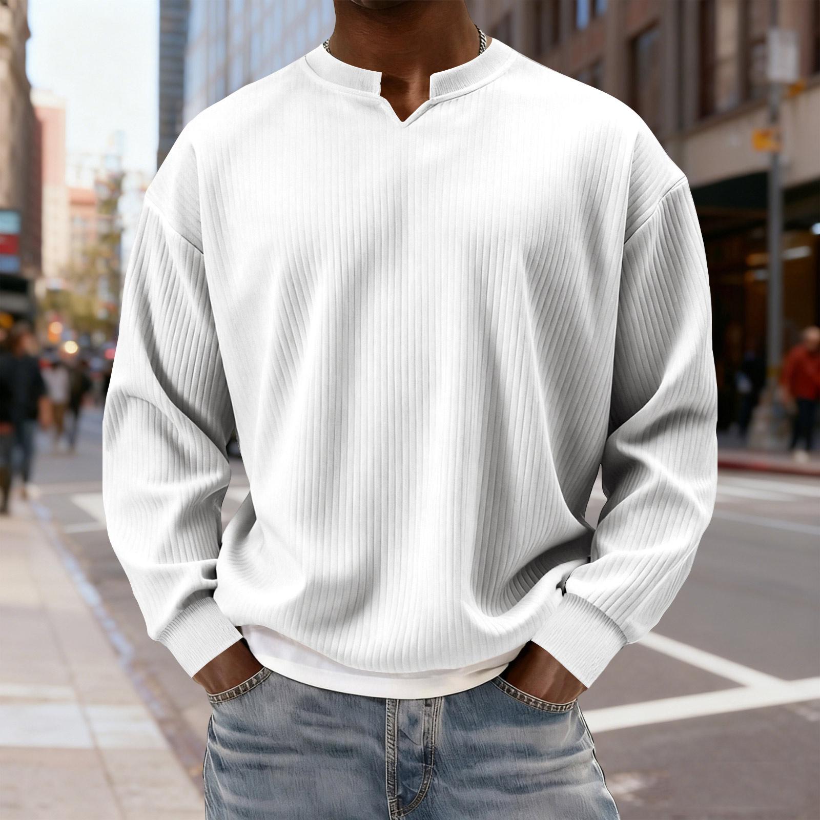 Stylish V-notch Neck Ribbed Textured Long-sleeved T-shirt XL белый