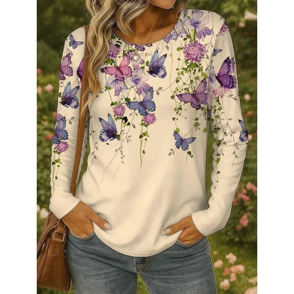 Spring and Autumn Round Neck Butterfly 3D Printed Top Fashionable Casual Long Sleeved Women's T-shirts