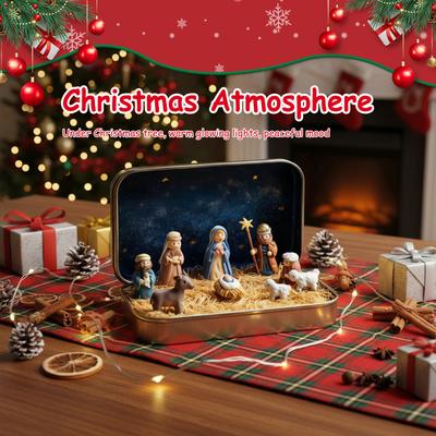 Portable Pocket Nativity Scene Decoration Set Mini Christmas Nativity Set In A Tin Box for Desk Shelf Office Or Travel Decor