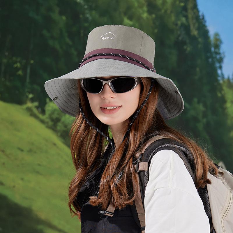 Summer outdoor leisure sun hat mountaineering fishing drawstring sun protection hat women's big brim quick-drying waterproof bucket hat