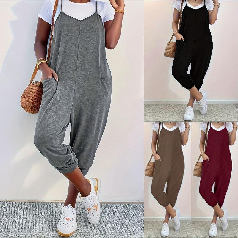 Women's Solid Color Pocket Suspenders Loose Casual Overalls