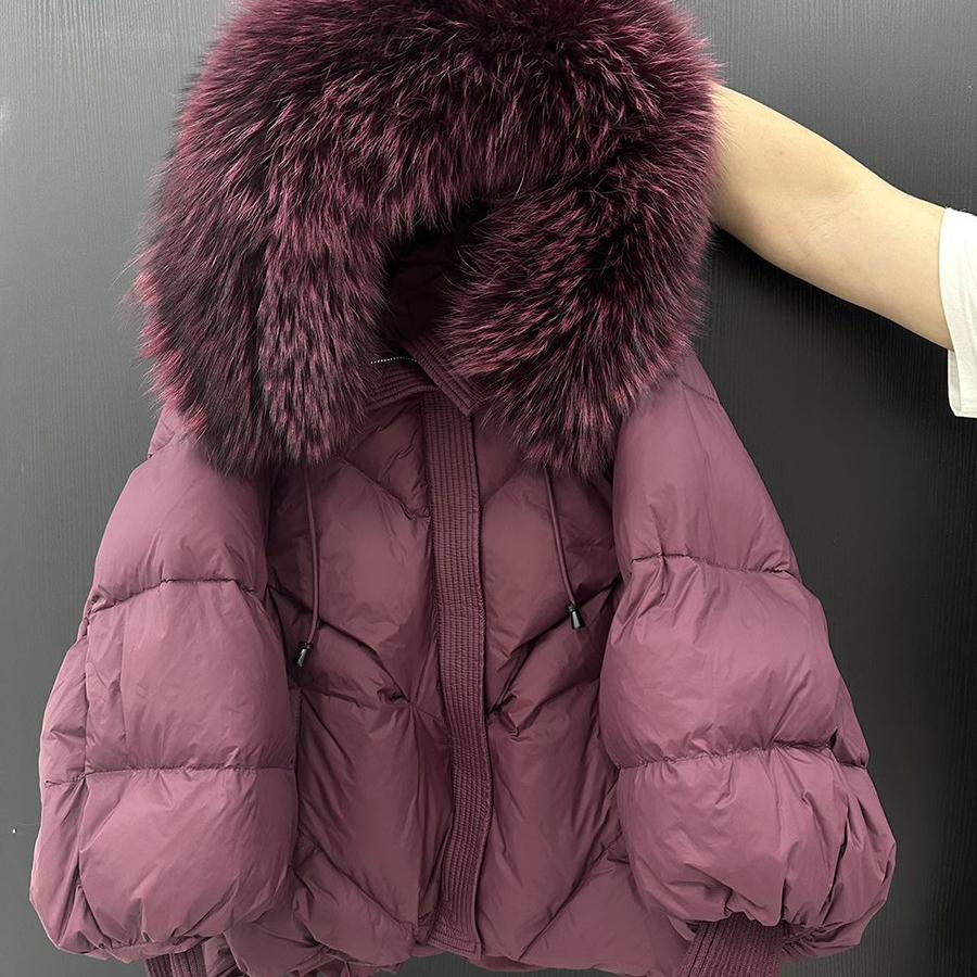 

Зимняя большая пуховая куртка с капюшоном из натурального меха для женщин, теплая куртка с вязаными рукавами, пуховик средней длины L