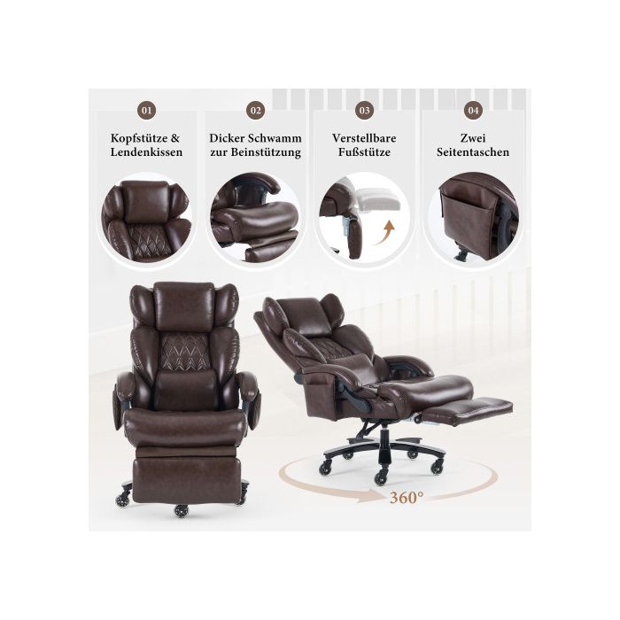 Chaise de bureau ergonomique, chaise de direction avec fonctions massage et chauffage, dossier réglable (marron)